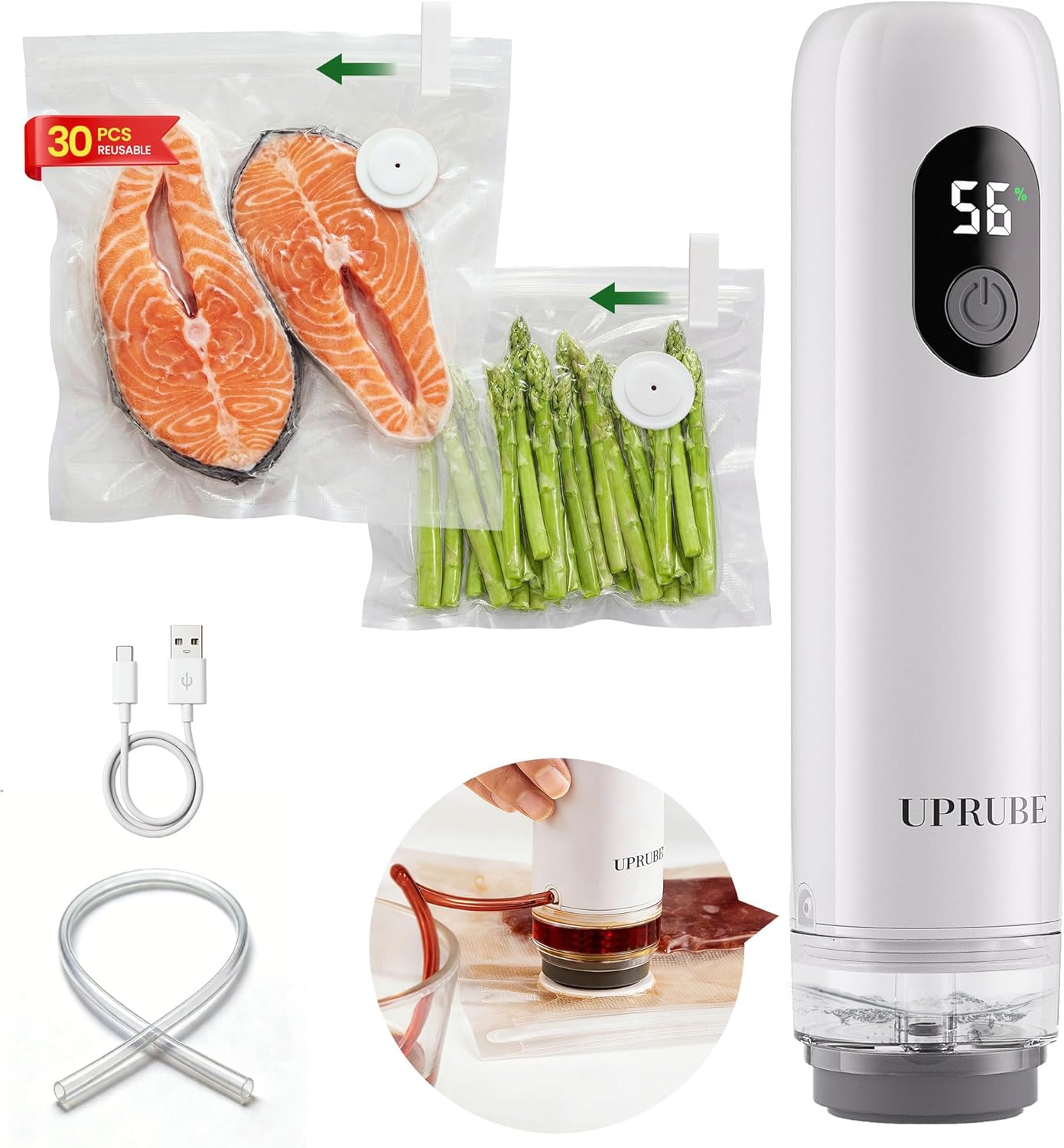 Sellador al vacío compacto para alimentos con 30 bolsas reutilizables y pantalla LED