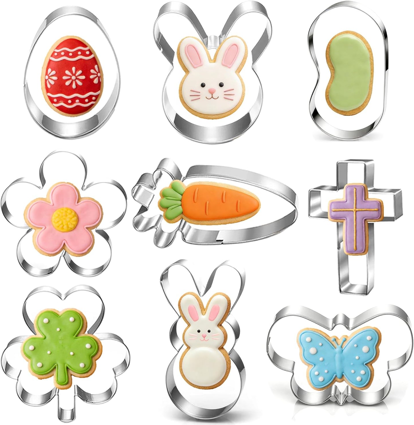 Juego de 9 cortadores de galletas de Pascua trébol, conejo, huevo, zanahoria, flor, mariposa y frijoles