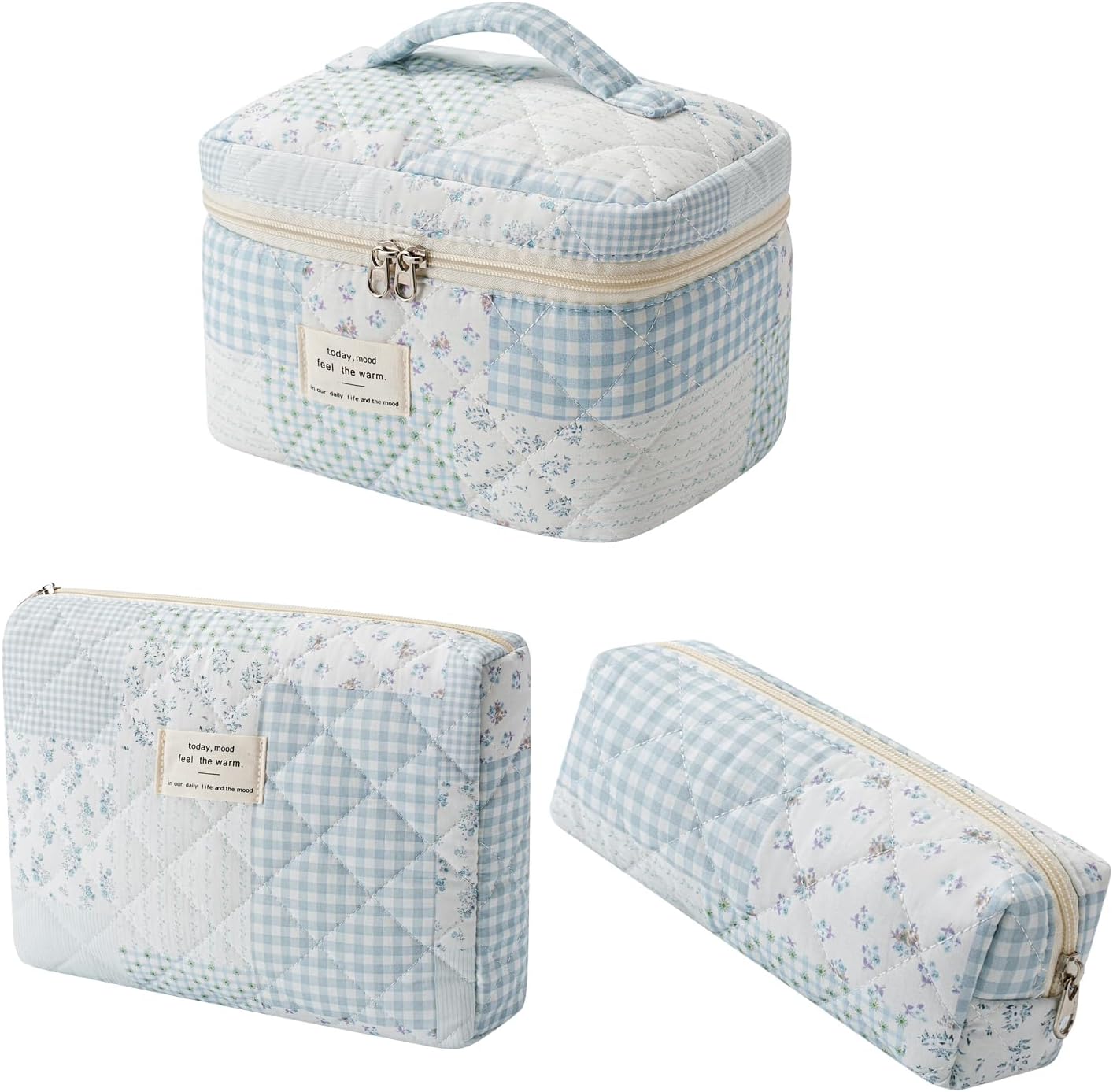 Bolsa maquillaje acolchada algodón 3 Pzas Bluepatchwork