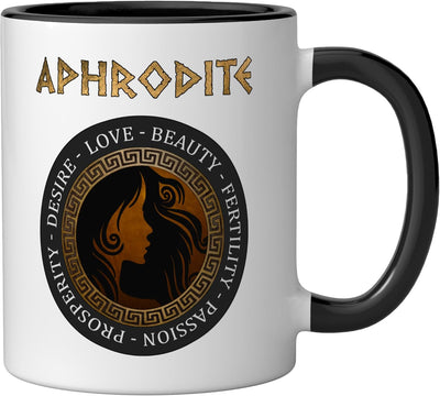 Taza cerámica de Afrodita diosa griega de belleza y amor negra/blanca
