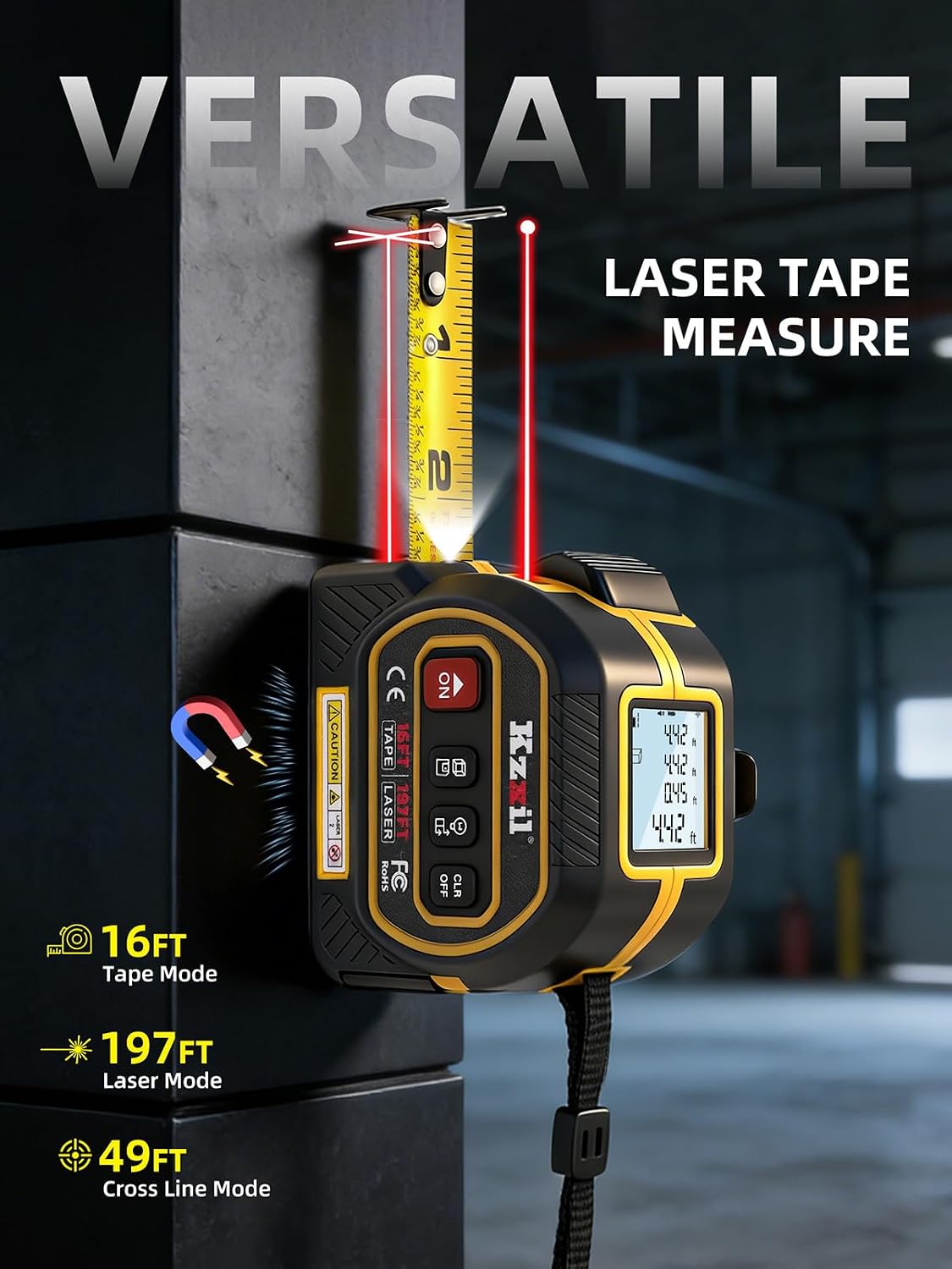 Cinta métrica láser 4en1 196ft con cinta 16ft LCD retroiluminada