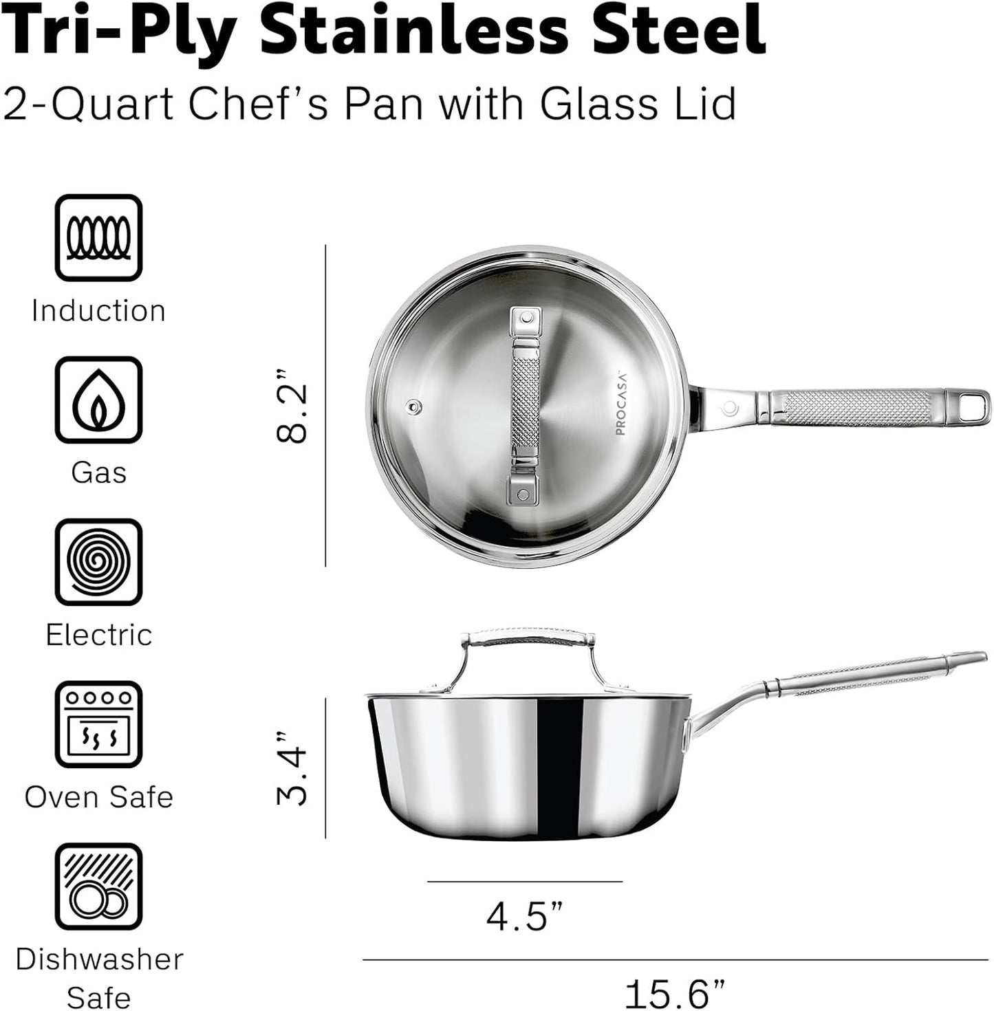 Cacerola 2qt Acero Inox 3 Capas Apta Inducción Horno