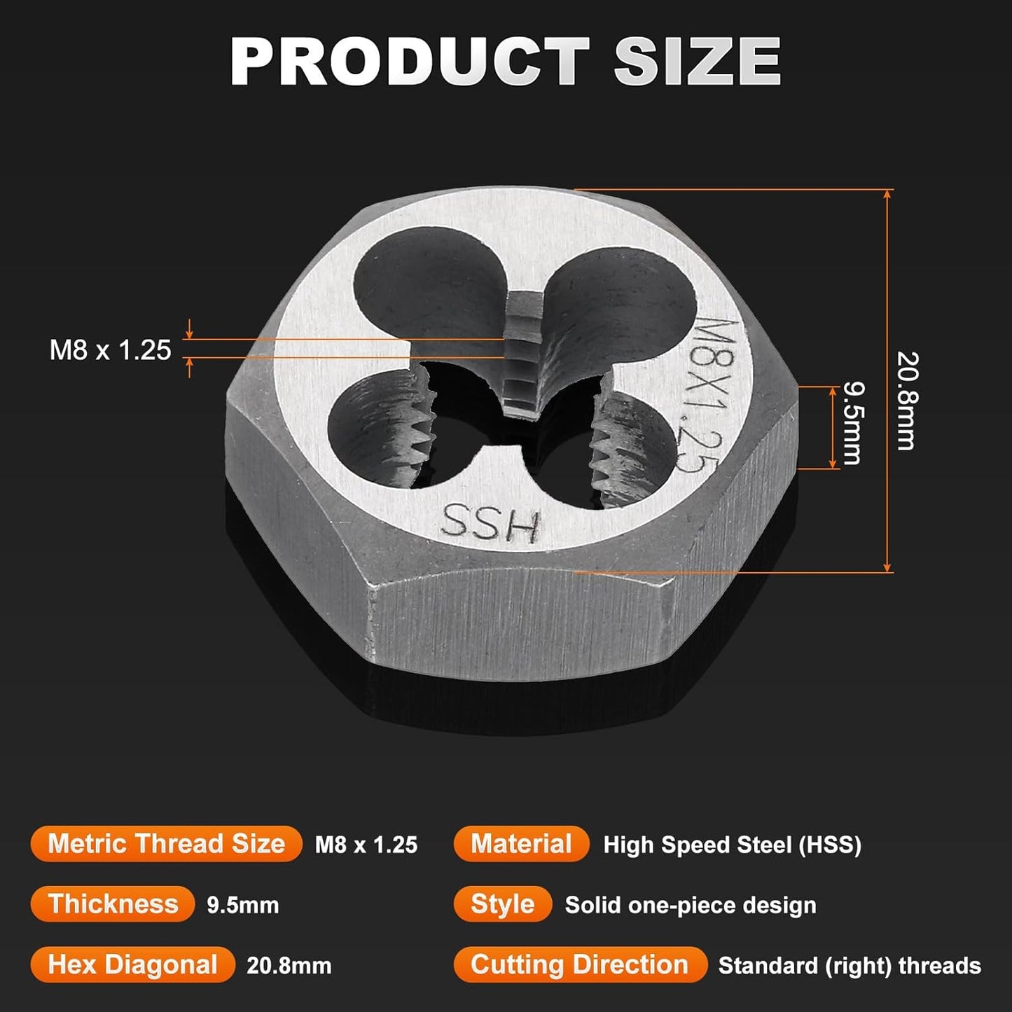 M8x1.25 Hexagonal métrica para cortar acero al carbono