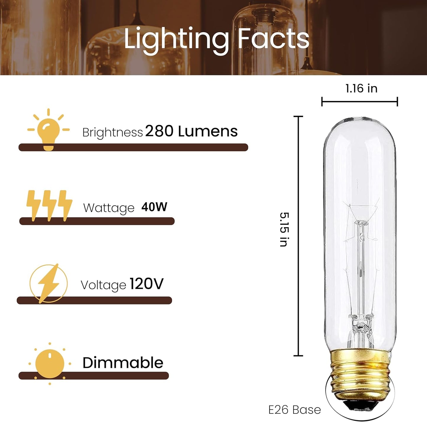 Bombilla T10 E26 40W blanco cálido paquete 4