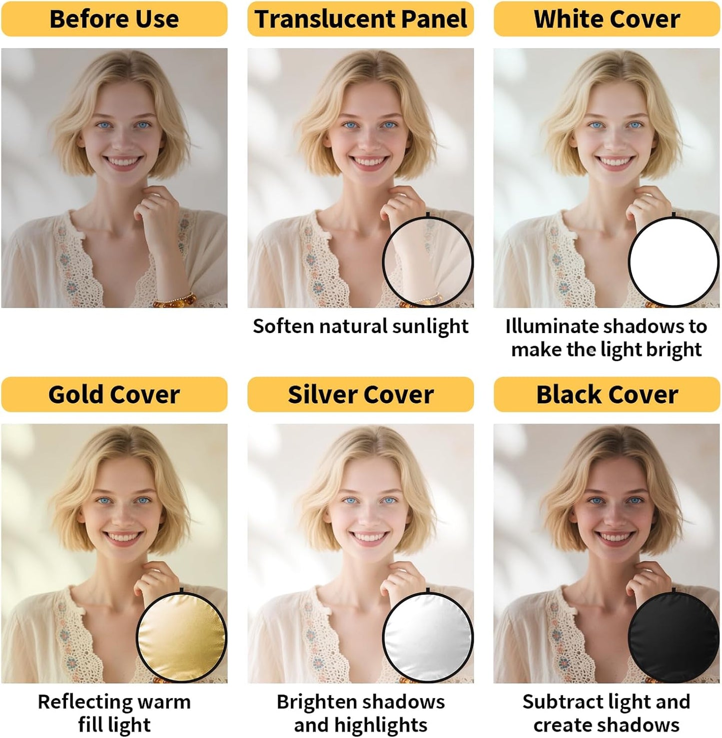 Reflector luz 24-52pulg 5en1 con difusor plata oro negro