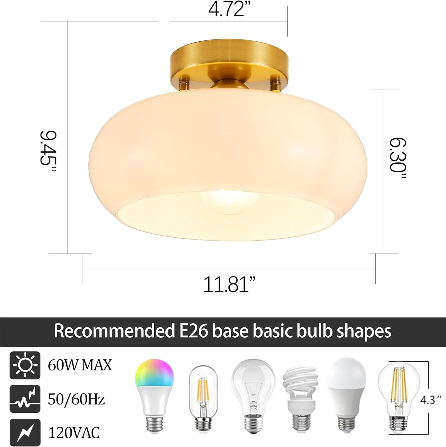 Lámpara techo semiempotrada dorada cristal blanco 11pulg