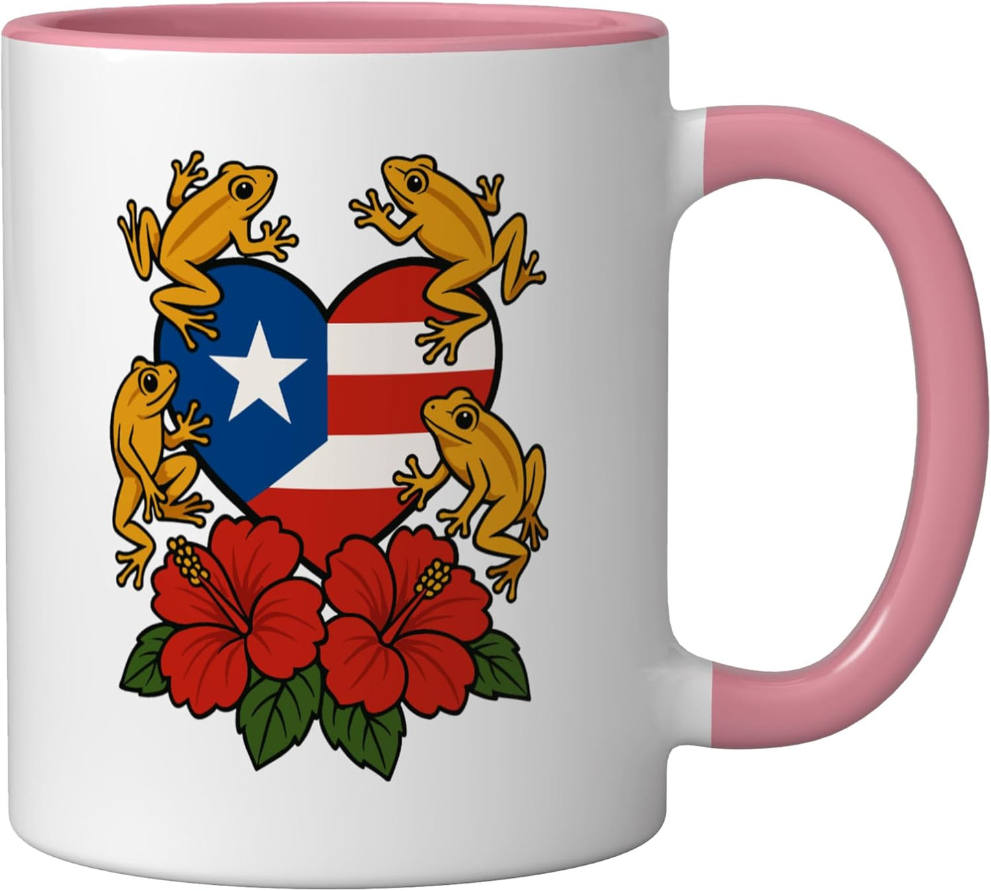 Taza cerámica Puerta Rico Coquí Flor de Maga Corazón Isla Rosa/Blanca