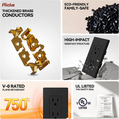 4 Tomacorrientes Pared Negro Mate 15A 125V NEMA 5-15R