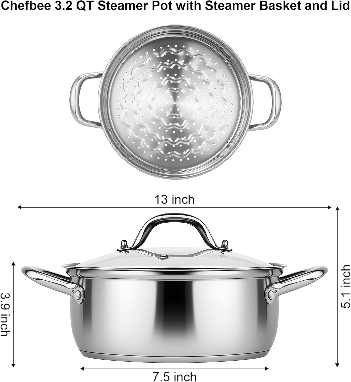 Olla de vapor de acero inoxidable Chefbee 3.2 cuartos de galón para cocinar