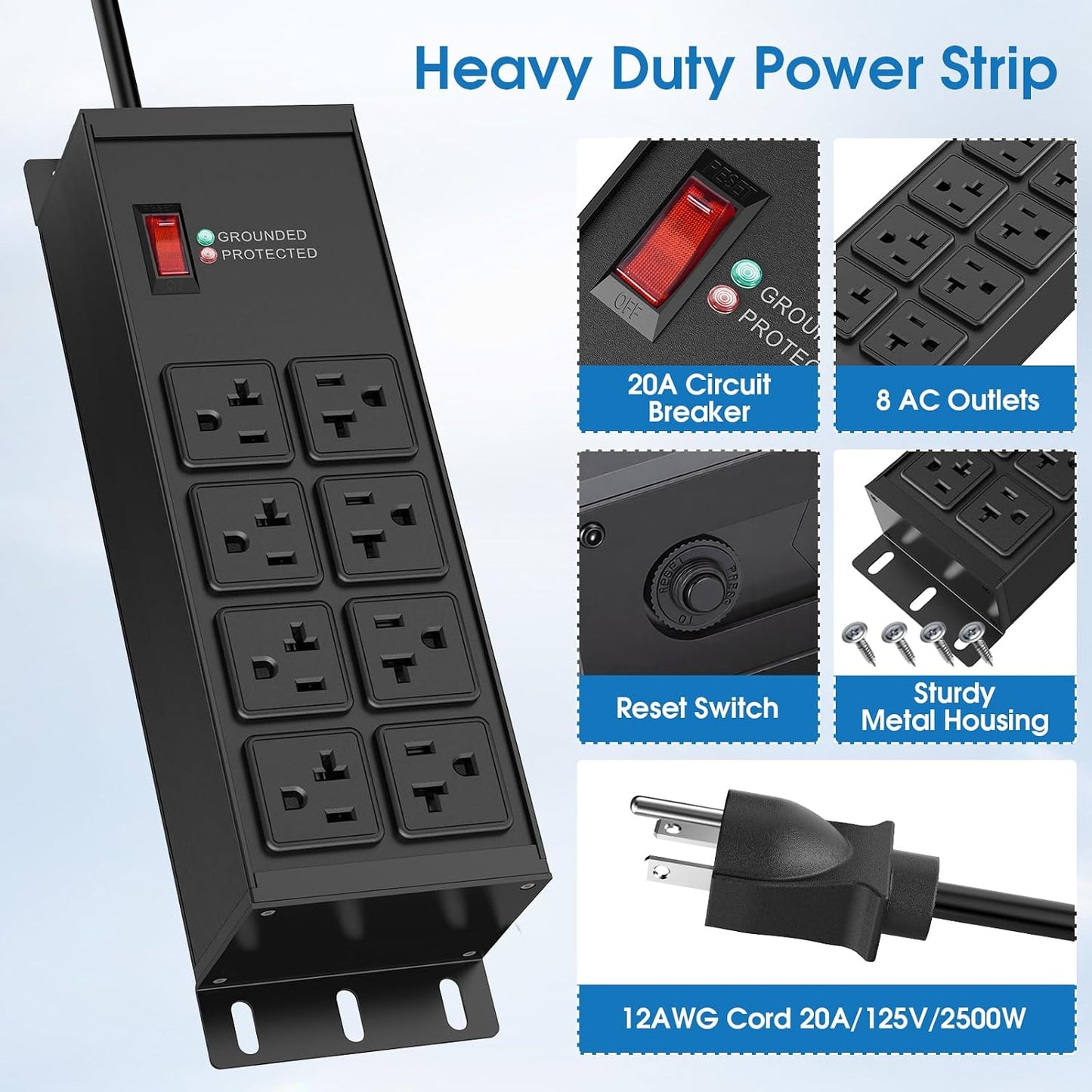 Tira alimentación 2500W 8 salidas 6ft adaptador