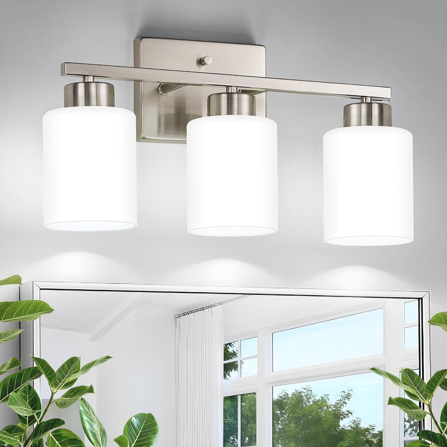 Lámpara baño níquel cepillado 3 luces vidrio esmerilado blanco