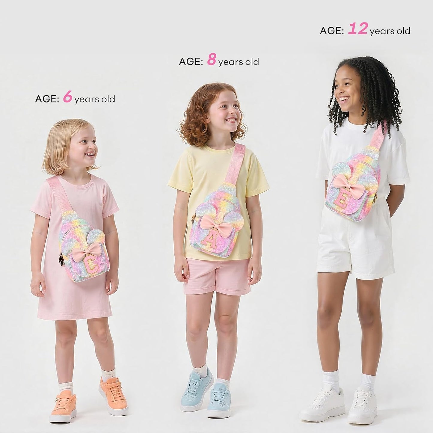 Bolso bandolera niña letra A arcoíris purpurina
