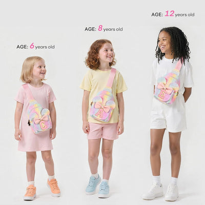 Bolso bandolera niña letra A arcoíris purpurina