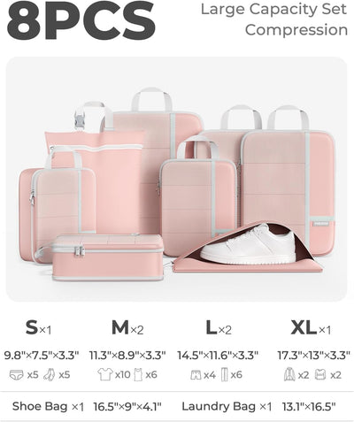 Set 8 Cubos Compresión Viaje con Bolsa Lavandería y Zapatos Rosa