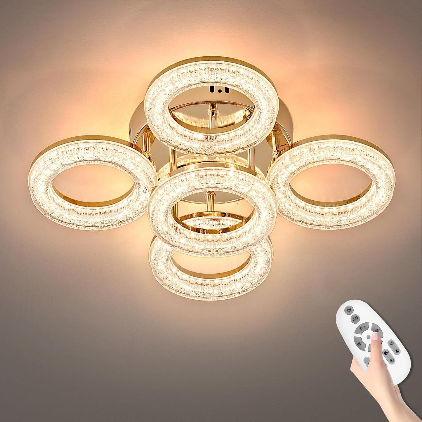 Lámpara techo moderna 5 anillos LED regulable control remoto dorado