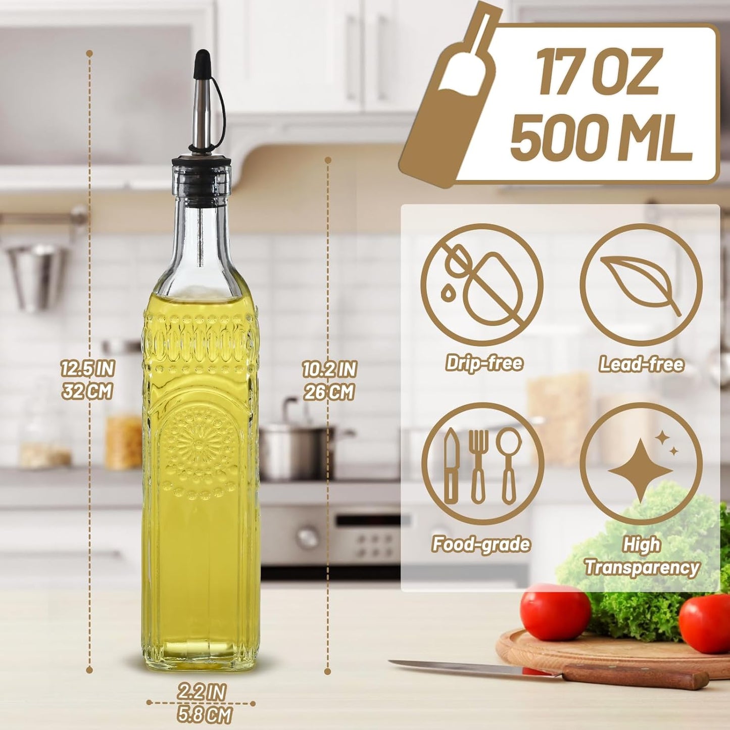 Dispensador aceite vidrio 17oz con vertedor acero inox cepillo