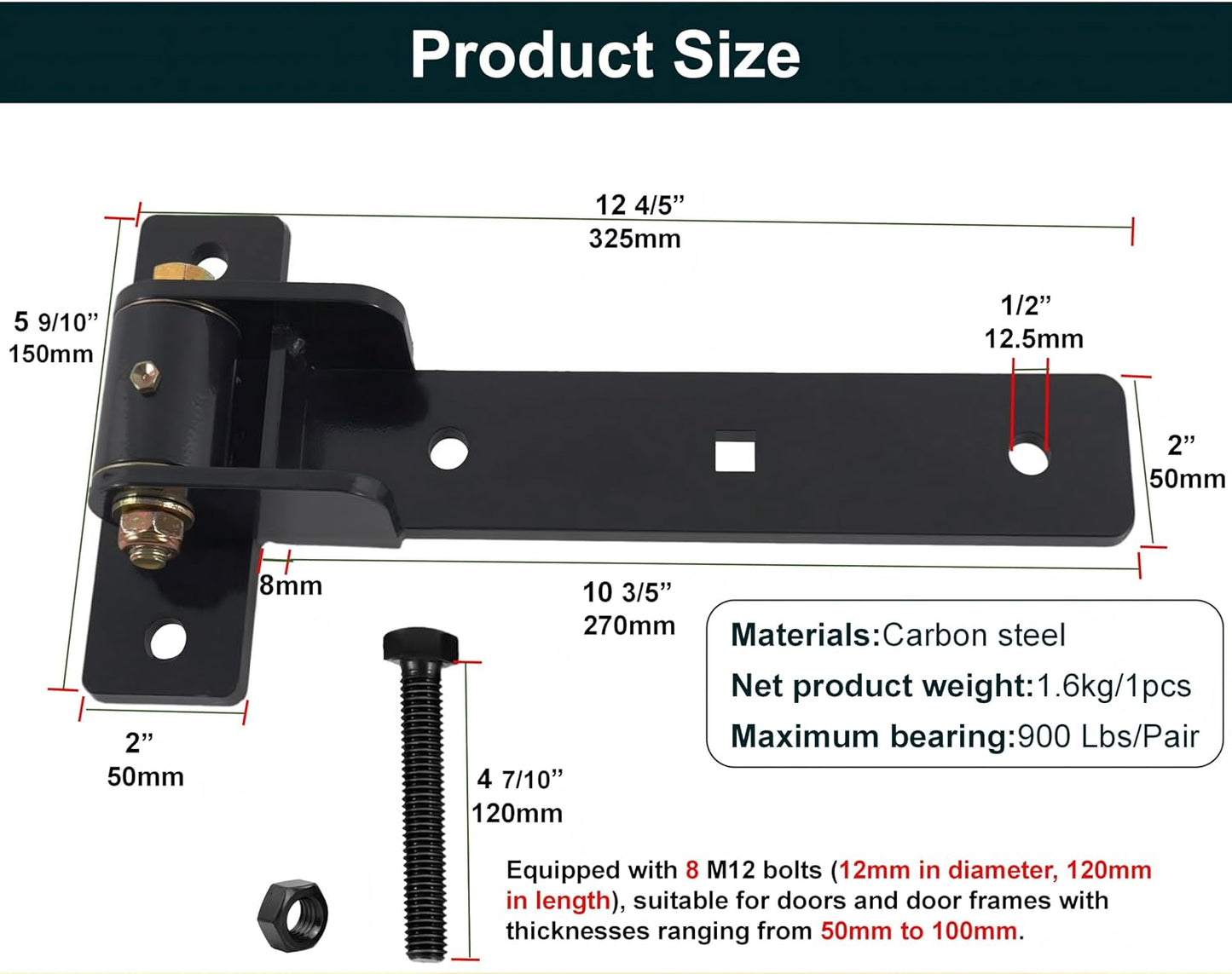 Bisagras puerta 13pulg acero carbono 900lb rodamientos bolas