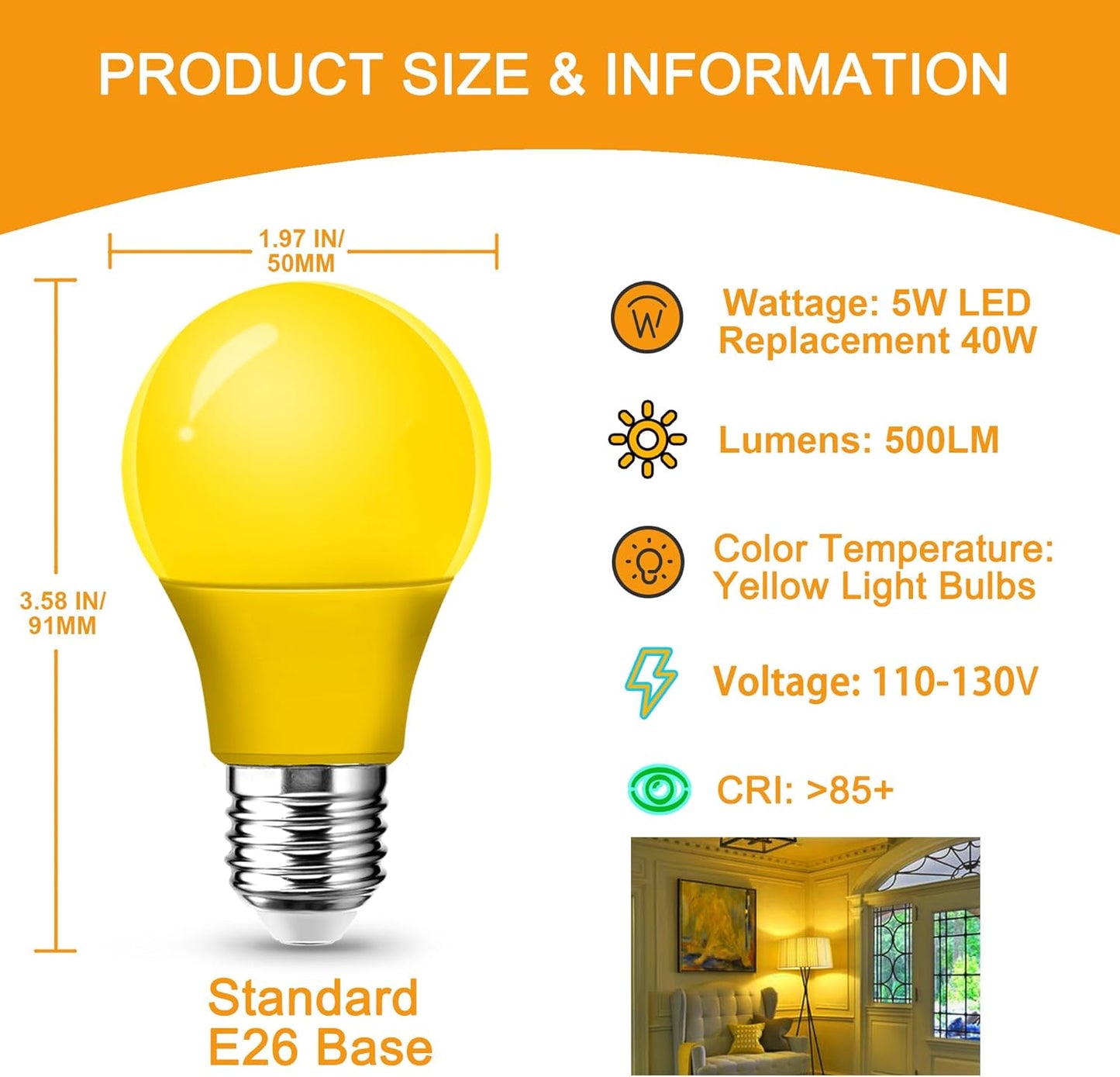Bombilla LED amarilla A15 5W base E26 para interior y exterior