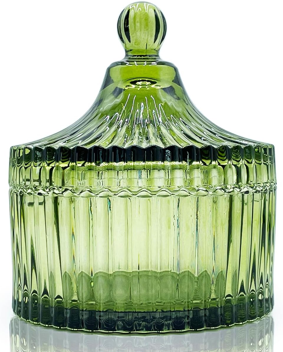 Tarro de cristal colorido con tapa verde oliva