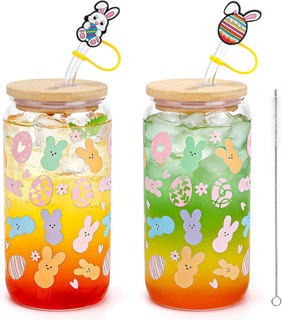 Vasos de cristal de conejo de Pascua con tapas y pajitas de bambú diseño degradado