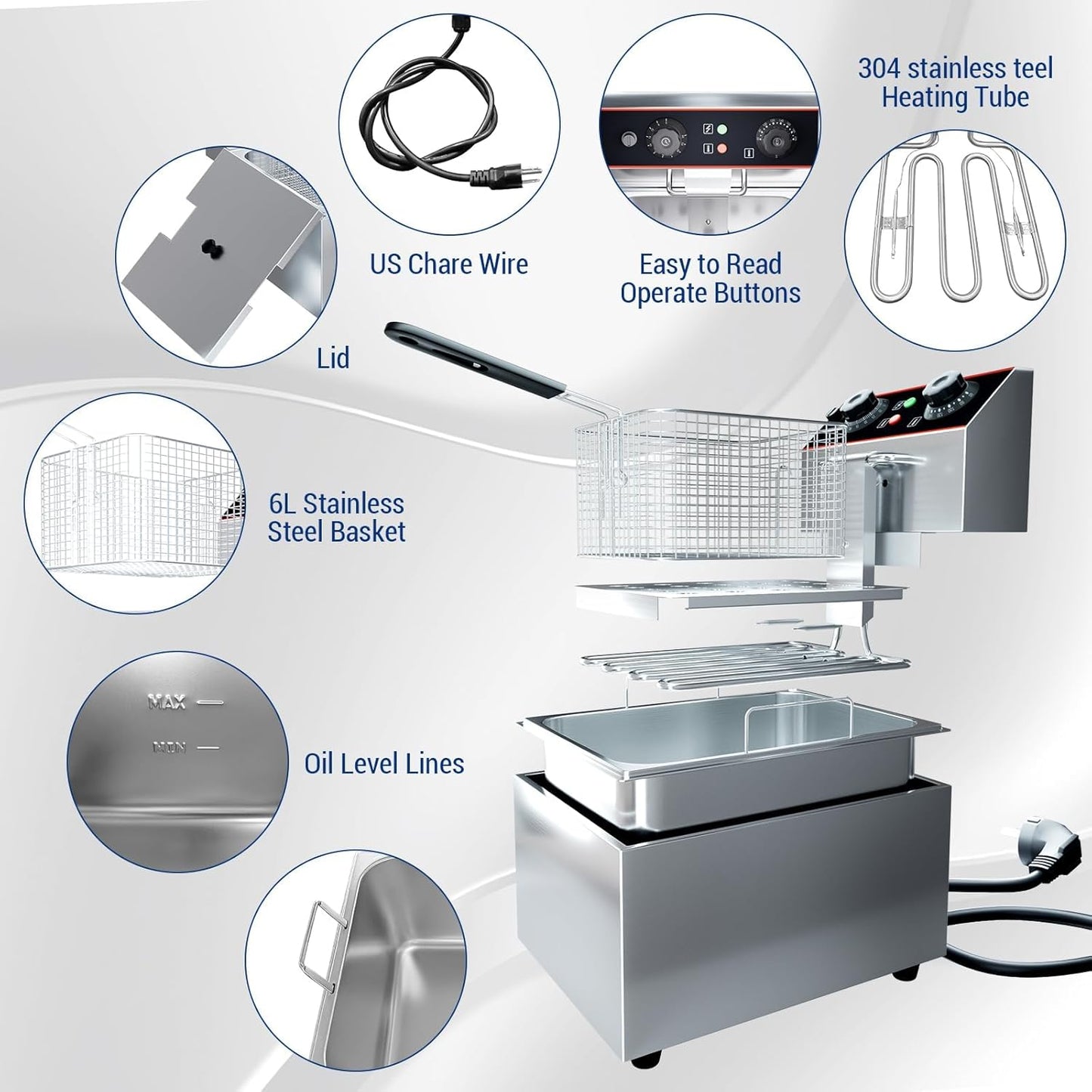 Freidora eléctrica acero inox 6.3qt 1500W control temp