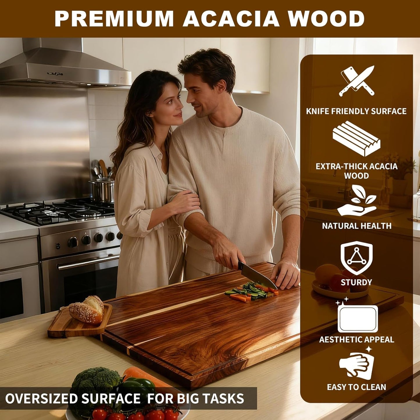 Tabla cortar acacia 36x24pulg con ranura jugo y asas