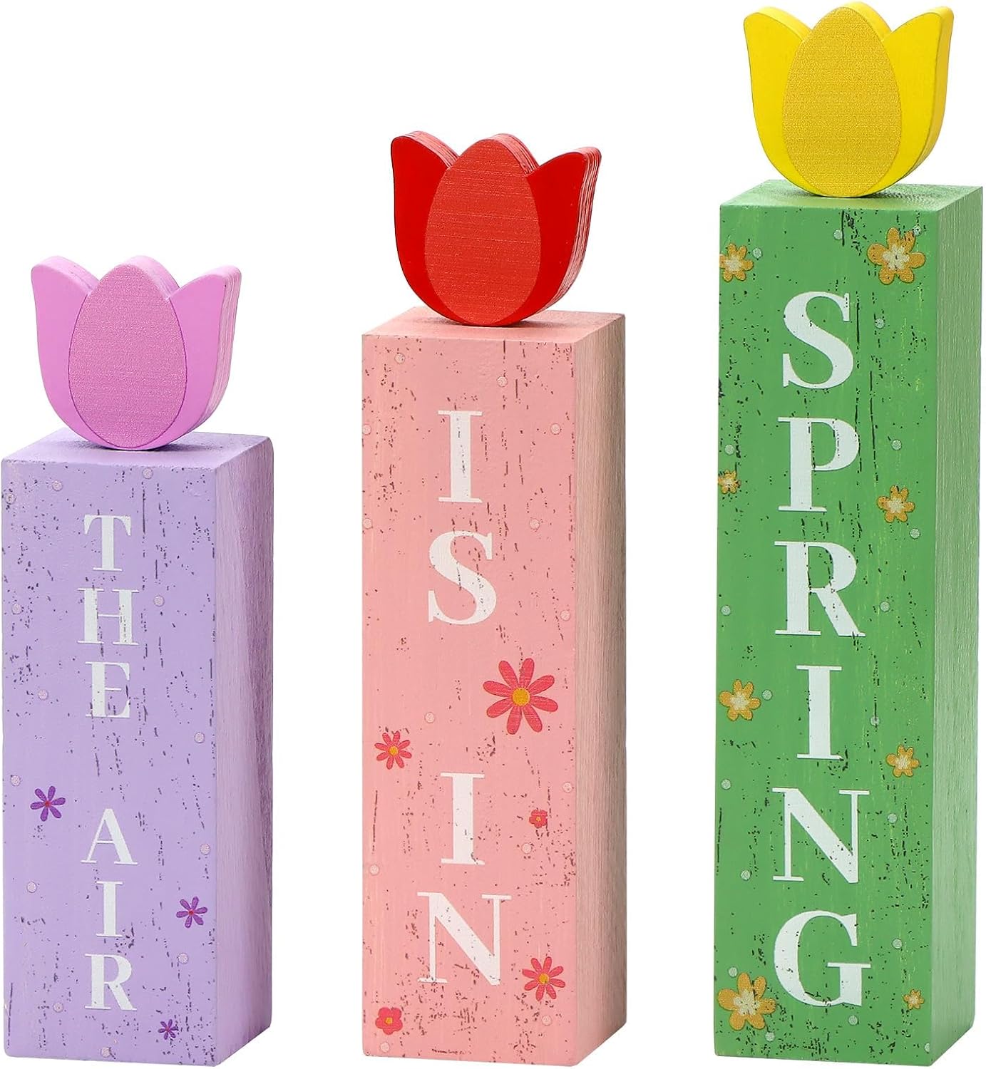 3 bloques de mesa de madera de primavera con tulipanes pastel, decoración rústica para hogar