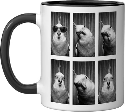 Taza cerámica de pájaro cockatiel con foto divertida negra/blanca