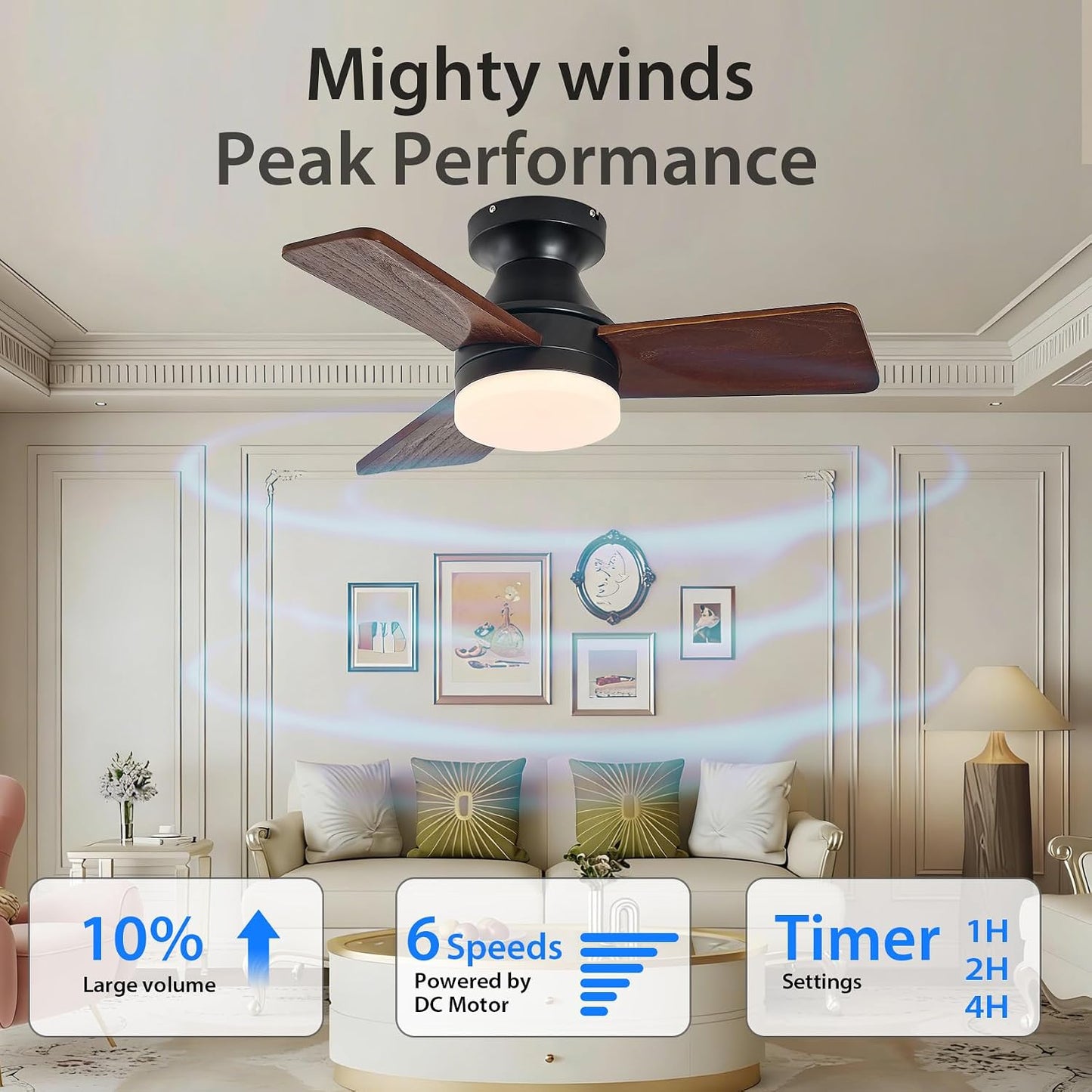 Ventilador techo madera 30pulg luz motor CC reversible remoto
