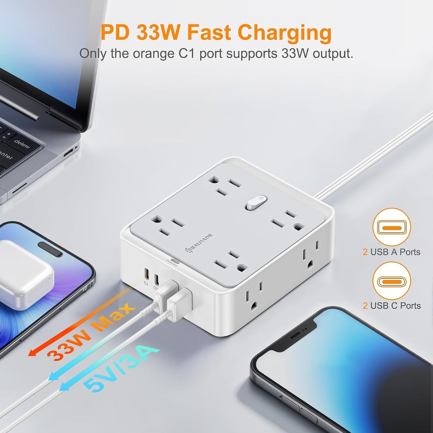 Cable extensión carga rápida 33W 12en1 puertos USB 8 salidas CA