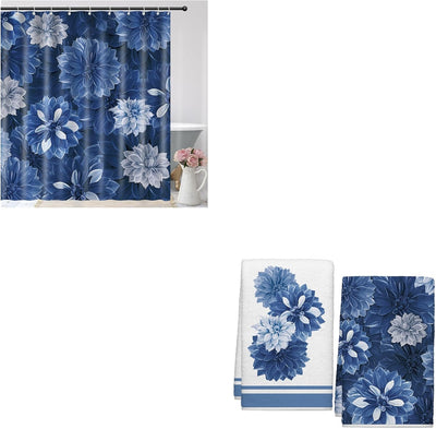 Toallas de cocina y cortina de ducha con flores de dalia azul marino