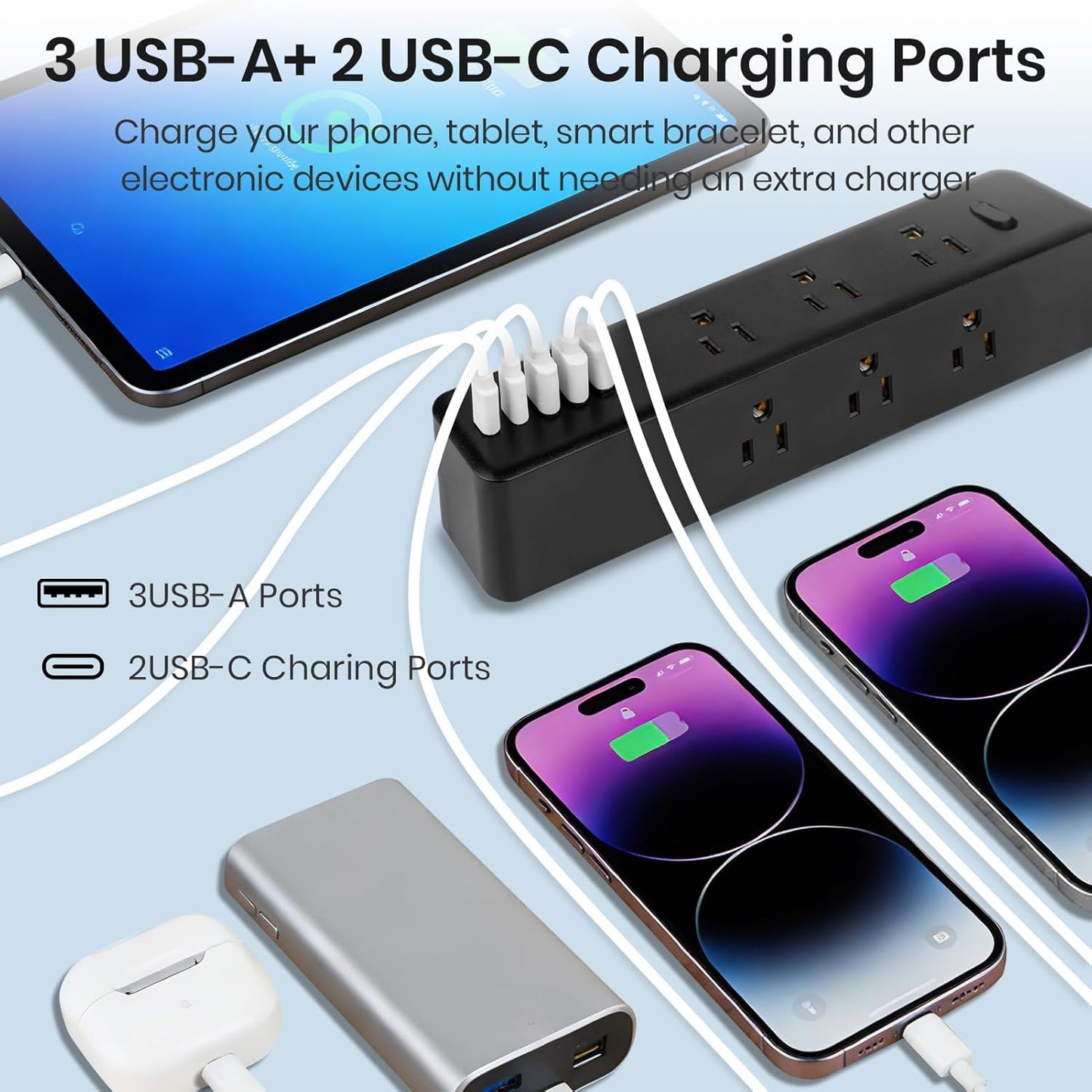 Regleta sobretensiones escritorio 1250W 9 salidas CA 5 USB