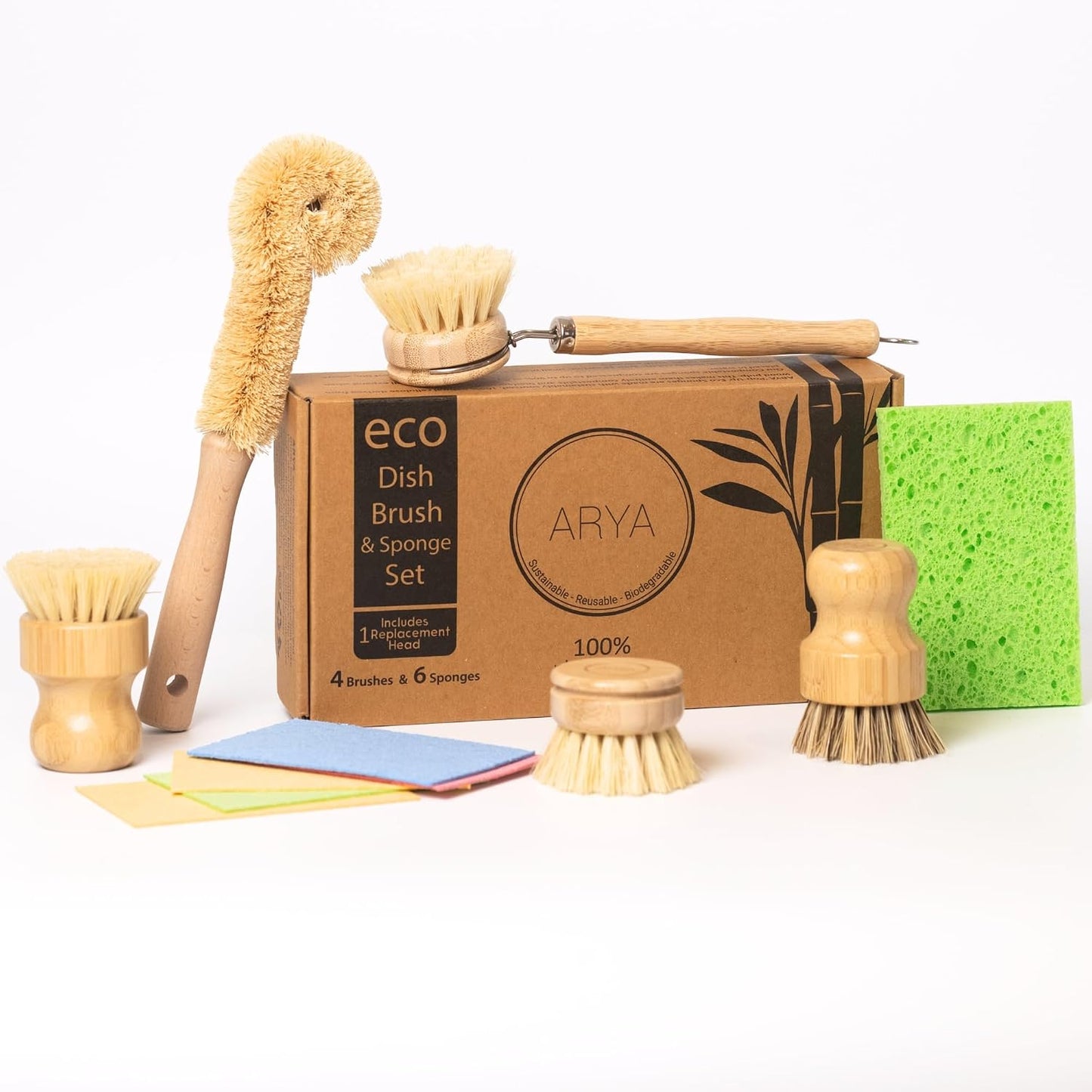 Juego 4 cepillos platos bambú fibra natural escoba olla