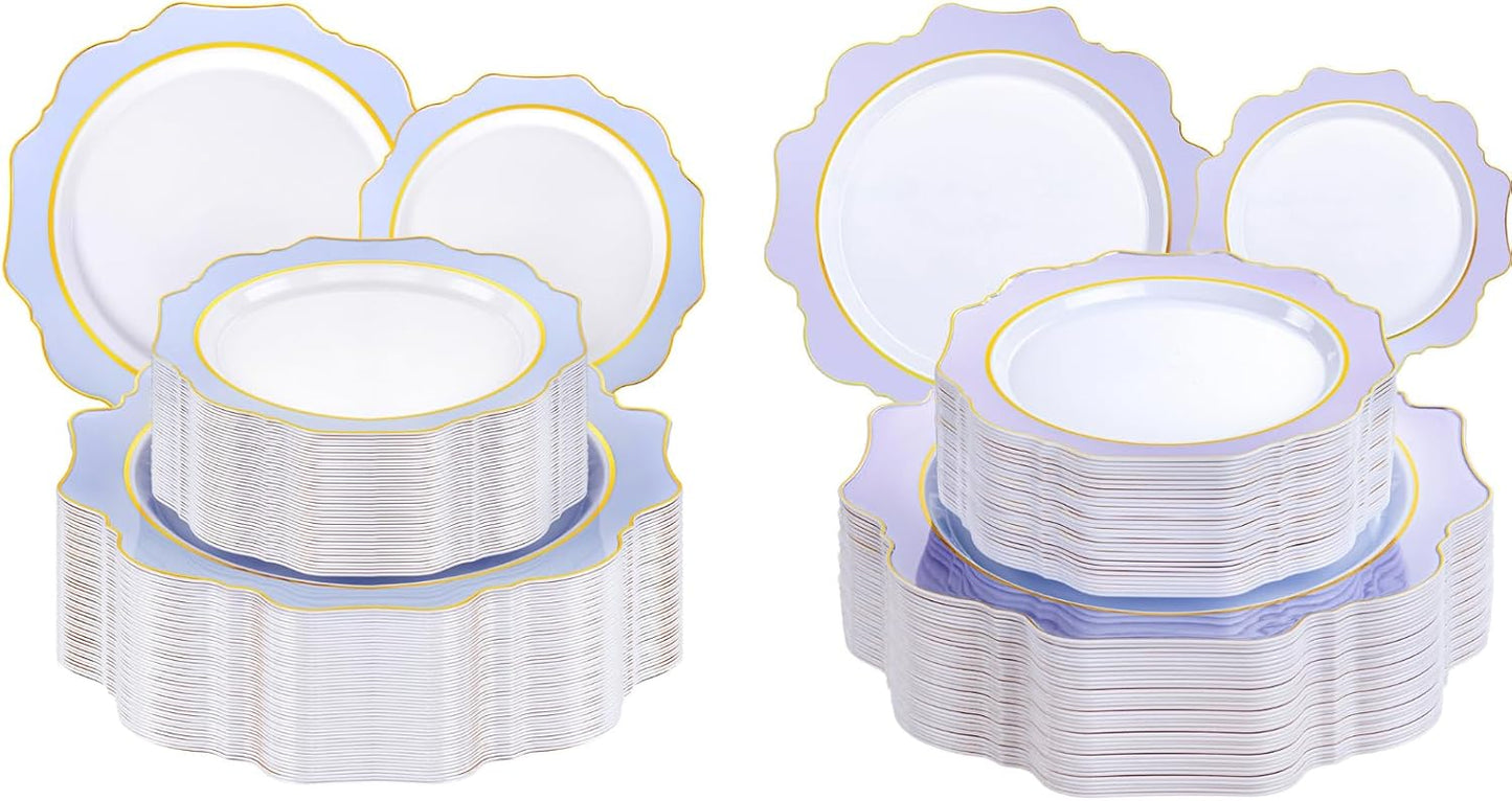 Set 200 Pzas Platos Plástico Azul y Morado