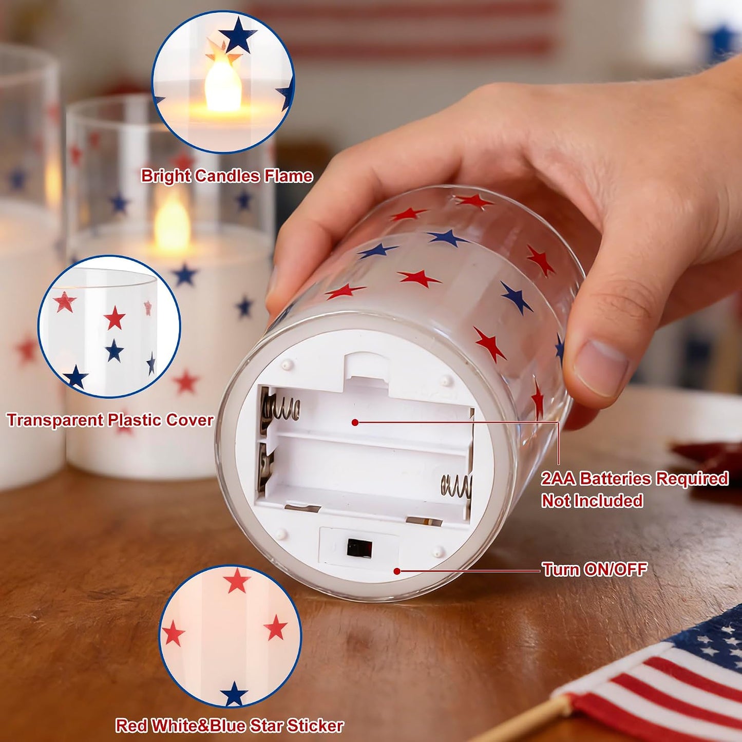 Velas LED 4 de Julio sin llama control remoto 3 pzas