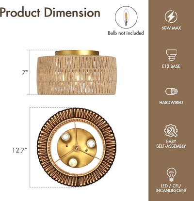 Lámpara techo bohemia ratán dorado para dormitorio sala comedor