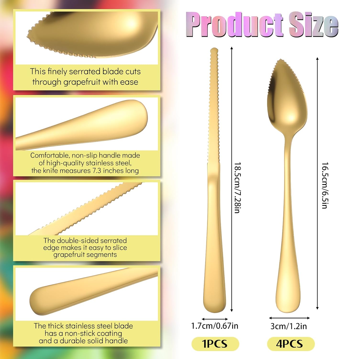 Juego de 5 cucharas y cuchillos dentados de acero inoxidable dorado para cítricos