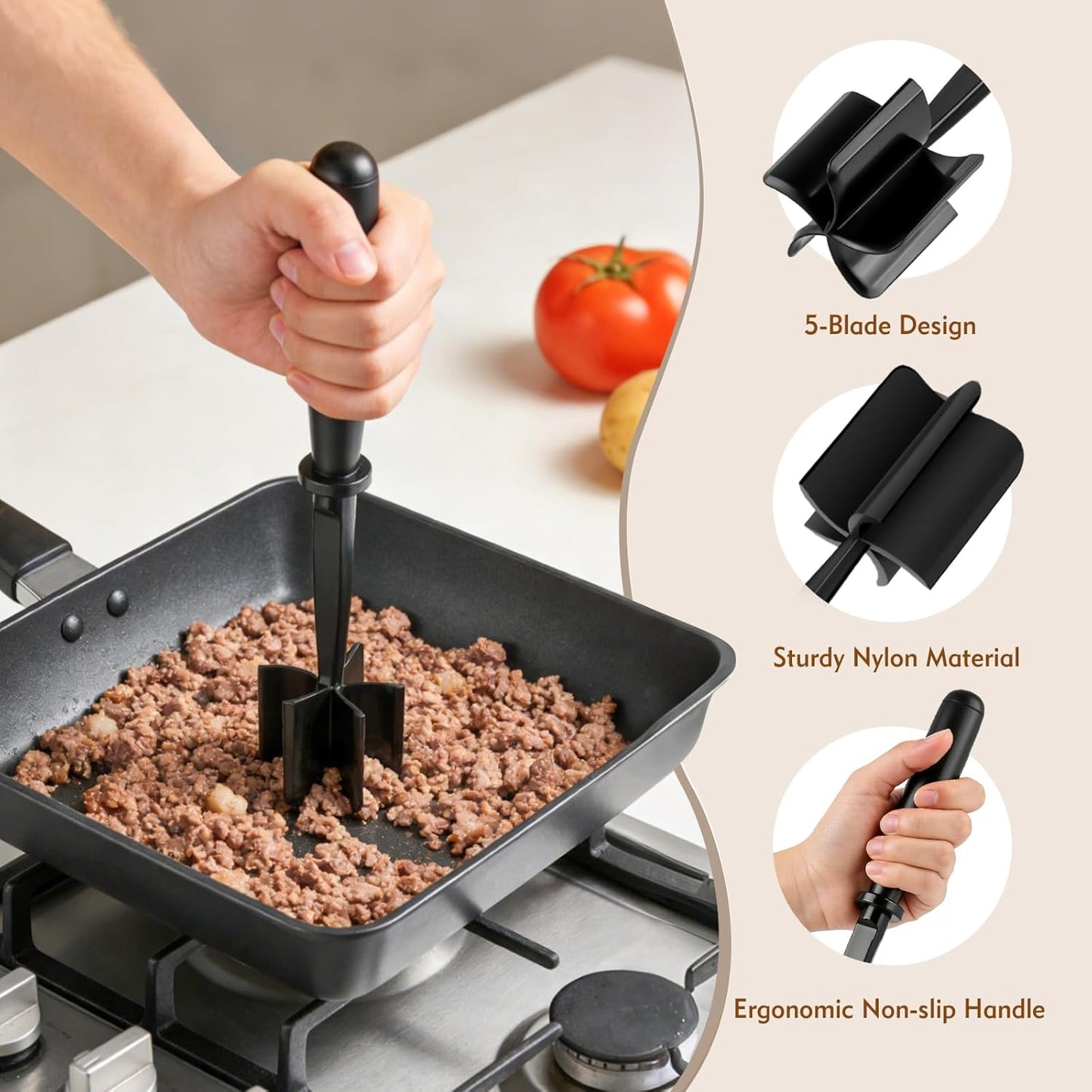 Triturador de carne con 5 cuchillas curvas y mango ergonómico antideslizante