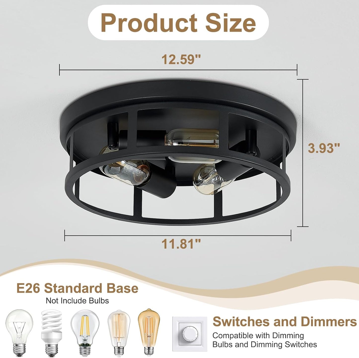 2 Luces Techo Rústicas E26 Negro para Cocina Pasillo