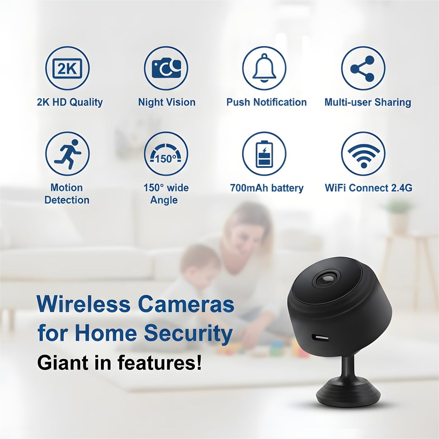 Cámara espía WiFi 2K visión nocturna para bebé niñera mascota negro
