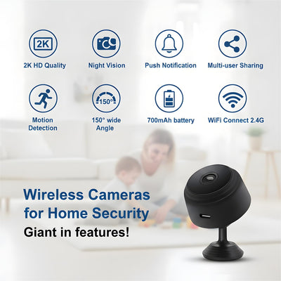 Cámara espía WiFi 2K visión nocturna para bebé niñera mascota negro