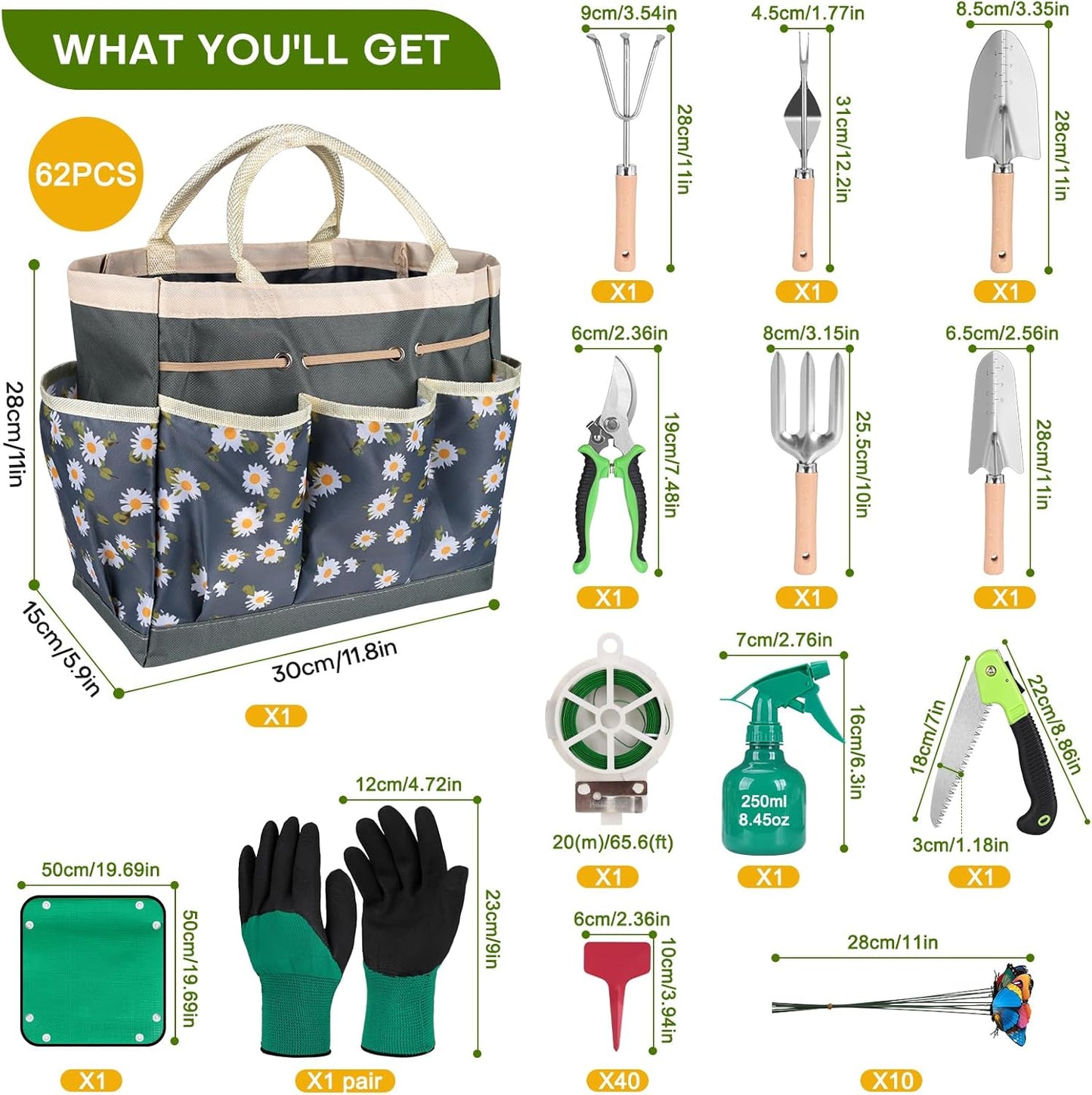 Set 62 Pzas Kit Jardinería con Pala Acero Inox Tijeras y Bolsa