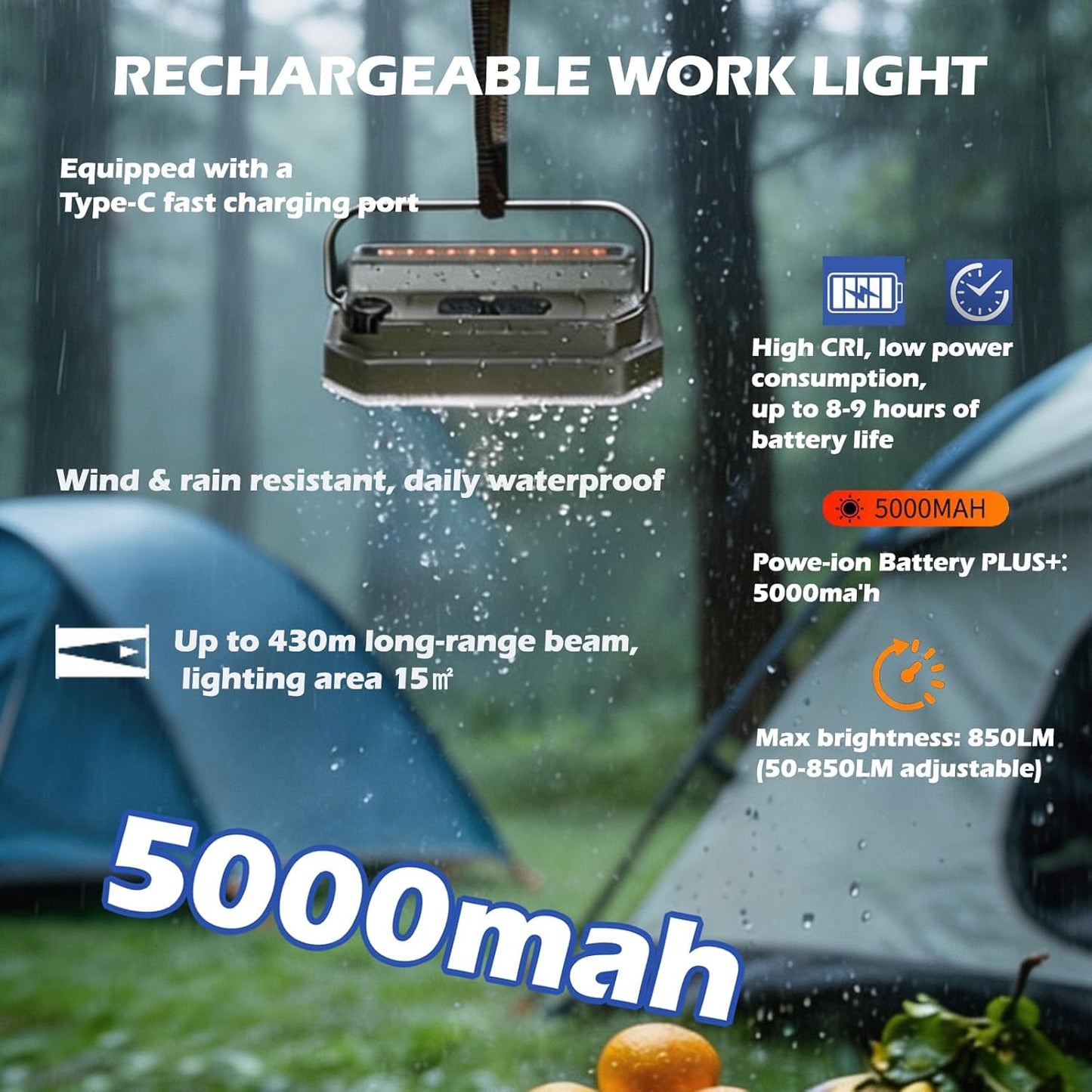 Linterna campamento recargable 2en1 850lúmenes USB-C 5 modos LED