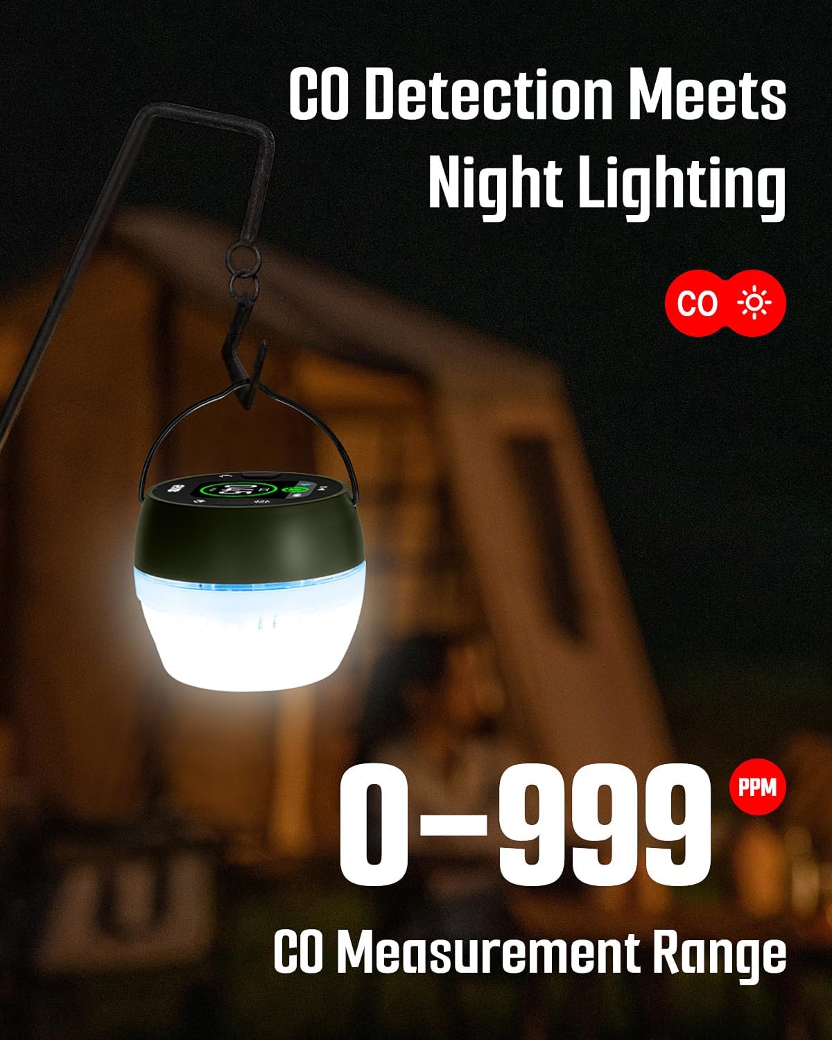 Detector CO portátil con luz ambiental soporte magnético camping