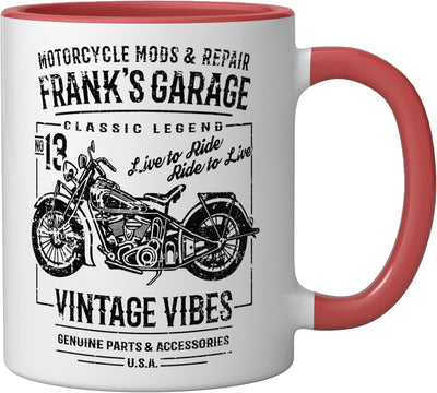 Taza cerámica para motocicleta Frank's Garage con nombre Frank en rojo/blanco