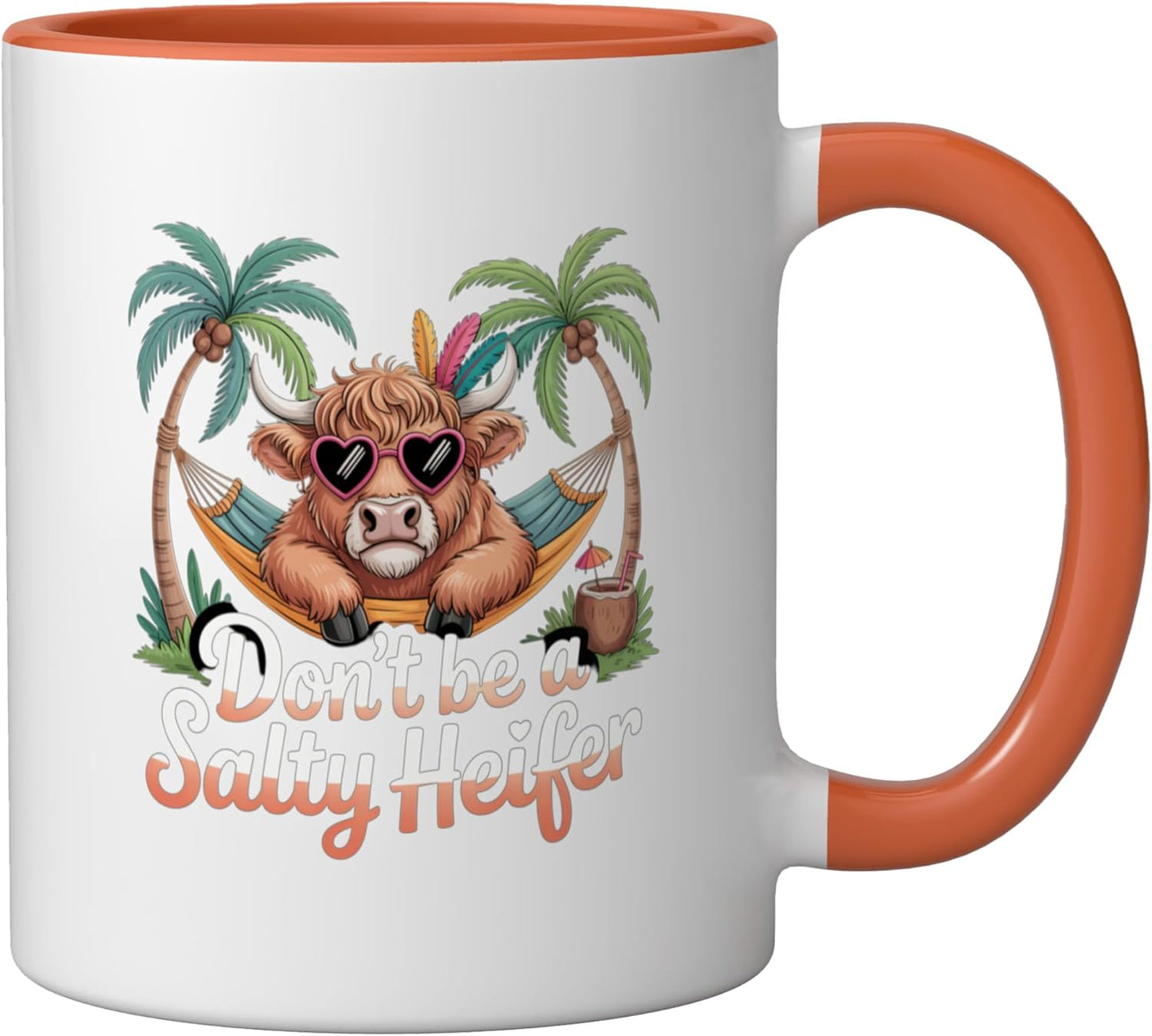 Taza cerámica de vaca alta humorística sin sal en la cara color naranja/blanco