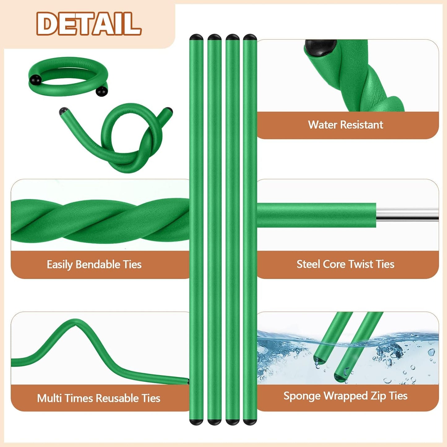 20 Lazos EVA 17pulg Resistentes para Cables Verde