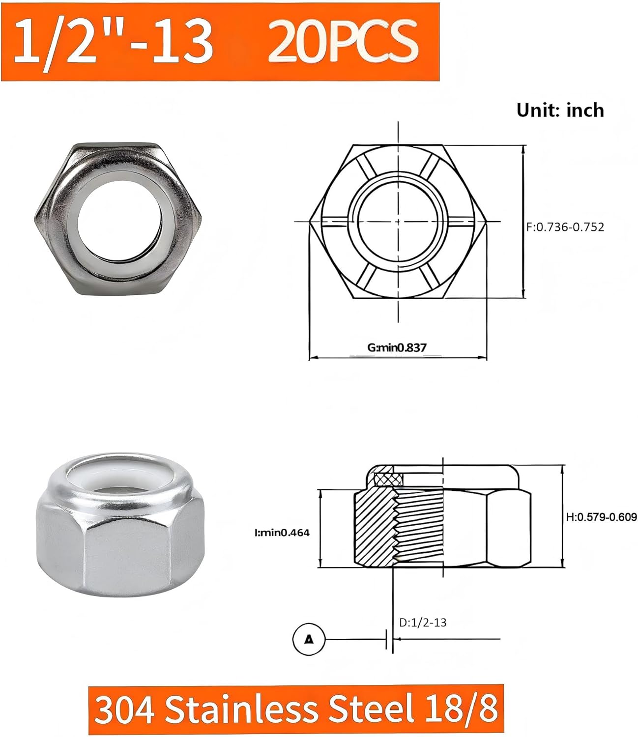 Tuercas bloqueo acero inox 304 1/2 a 13pulg