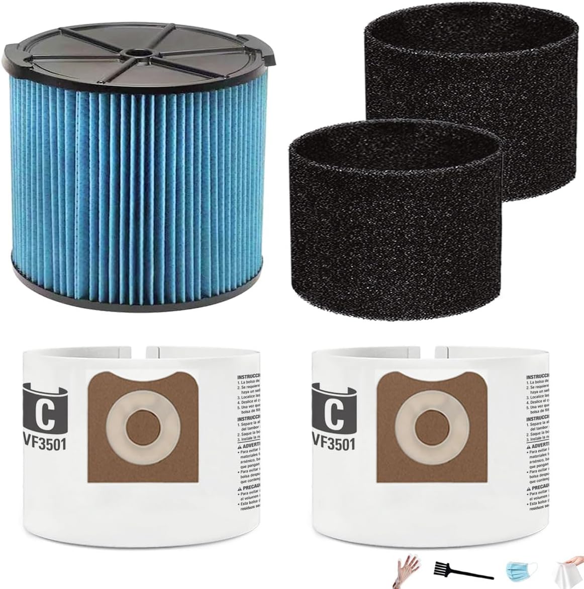 2 Filtros VF3500 2 Fundas Espuma para Aspiradora Ridgid 3-4.5gal