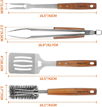 Set 4 Utensilios Acero Inox Barbacoa Espátula Pinza Tenedor Cepillo